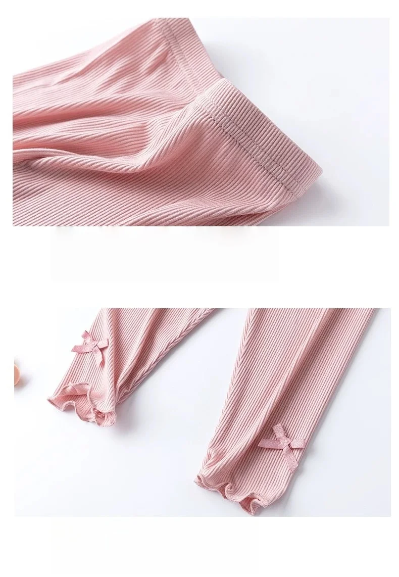 3-10Y Summer Kids Sweet Style Leggings Girls Solid Color Bow Seven Point Pants Waist Elastic Breathable Children Trousers