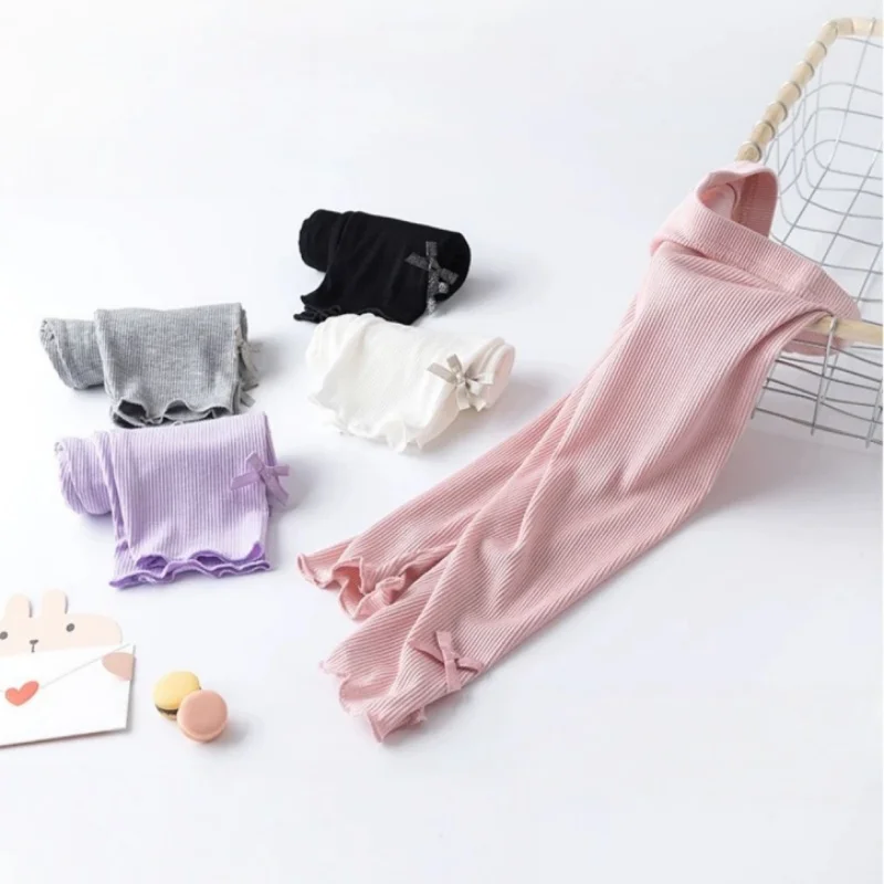 3-10Y Summer Kids Sweet Style Leggings Girls Solid Color Bow Seven Point Pants Waist Elastic Breathable Children Trousers