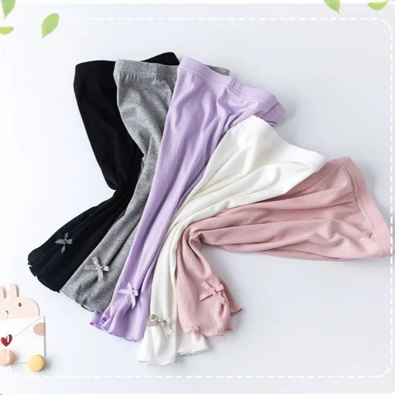 3-10Y Summer Kids Sweet Style Leggings Girls Solid Color Bow Seven Point Pants Waist Elastic Breathable Children Trousers