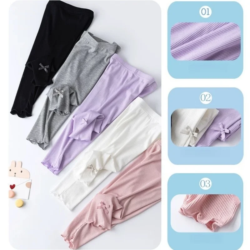 3-10Y Summer Kids Sweet Style Leggings Girls Solid Color Bow Seven Point Pants Waist Elastic Breathable Children Trousers