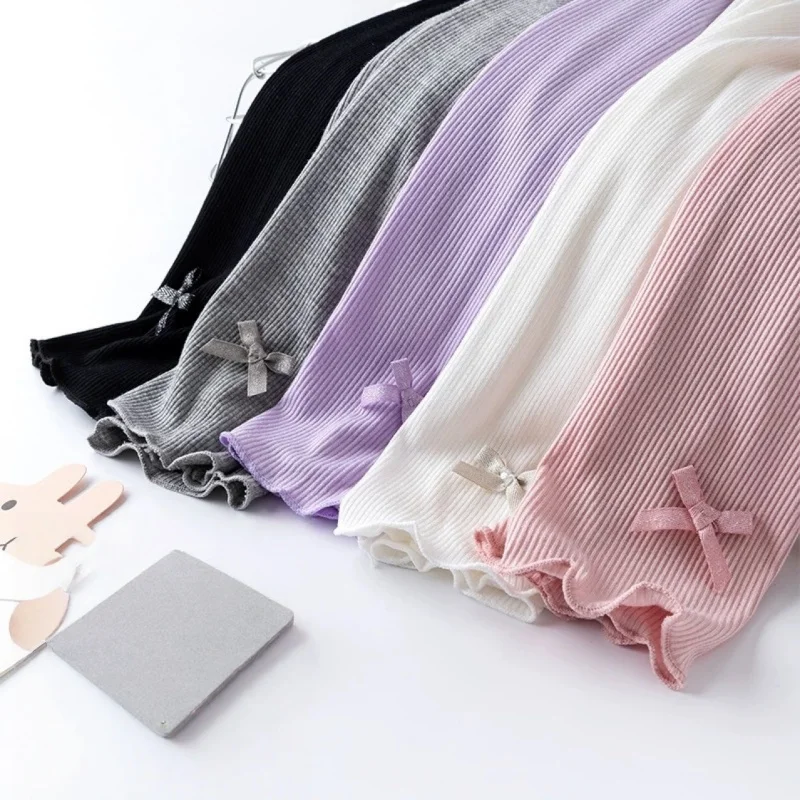 3-10Y Summer Kids Sweet Style Leggings Girls Solid Color Bow Seven Point Pants Waist Elastic Breathable Children Trousers
