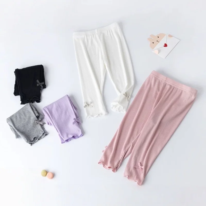 3-10Y Summer Kids Sweet Style Leggings Girls Solid Color Bow Seven Point Pants Waist Elastic Breathable Children Trousers