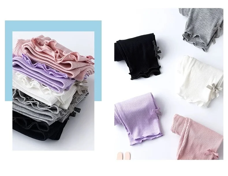 3-10Y Summer Kids Sweet Style Leggings Girls Solid Color Bow Seven Point Pants Waist Elastic Breathable Children Trousers