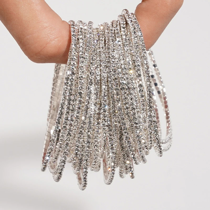5pcs Fashion Crystal Rhinestone Elastic Bracelet For Women Stretch Stackable Bracelets Classic Wristband Daily Female Jewelry