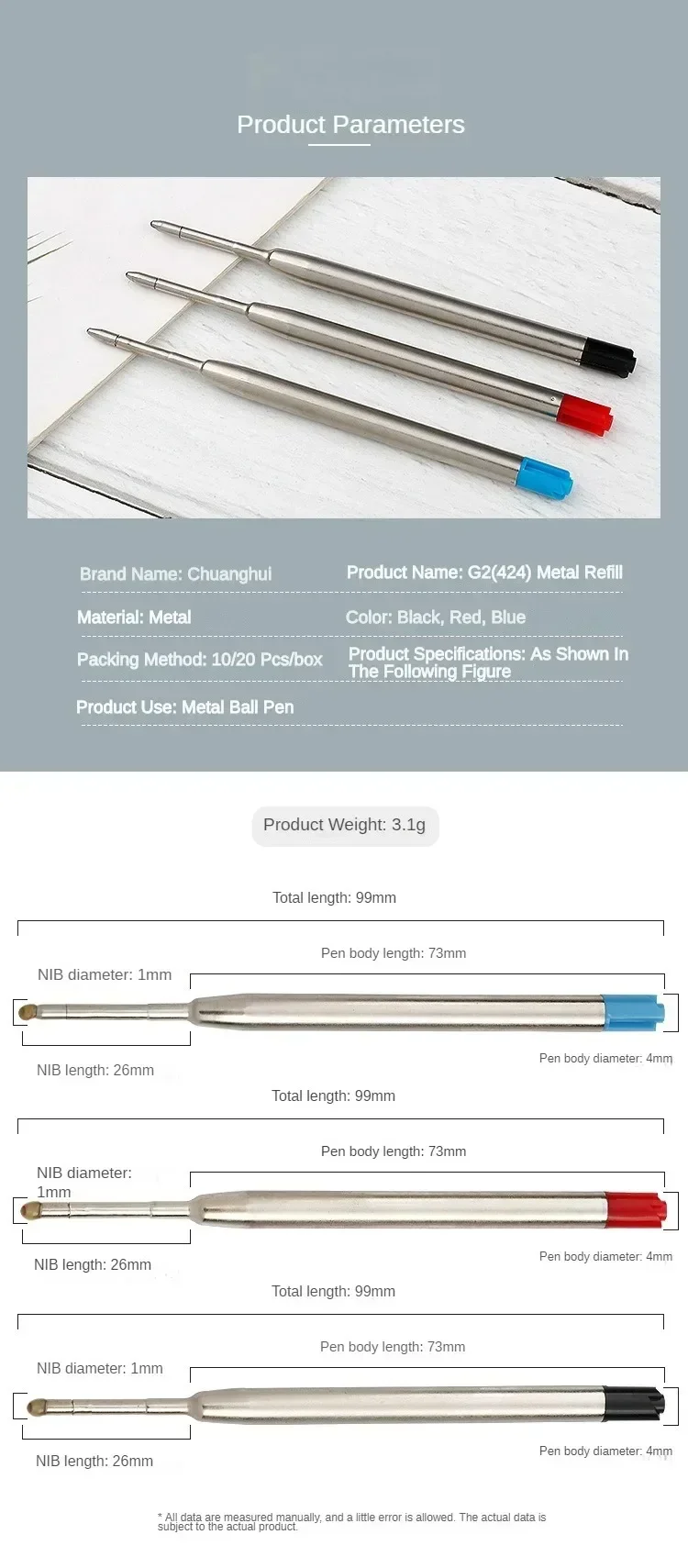 10/20/30/40pcs L:3.9 In Ballpoint Pen Refills for Parker Pens Medium Point blue Black Ink Rods for Writing Office Stationery