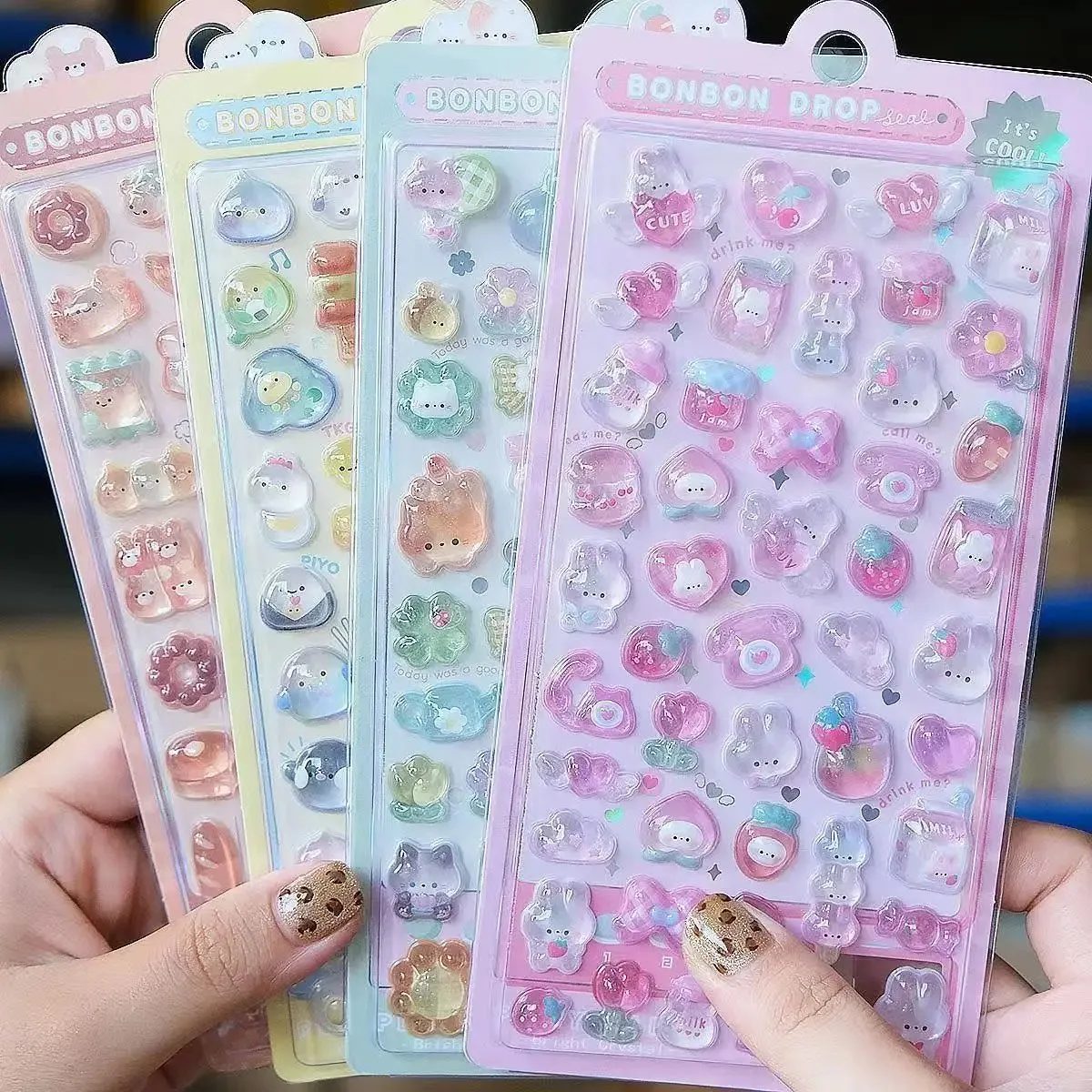 //Kawaii 3D Jelly Resin Stickers Cute Cartoon Sparkle Transparent Decals for Scrapbooking Phone Case Laptop DIY Decor..