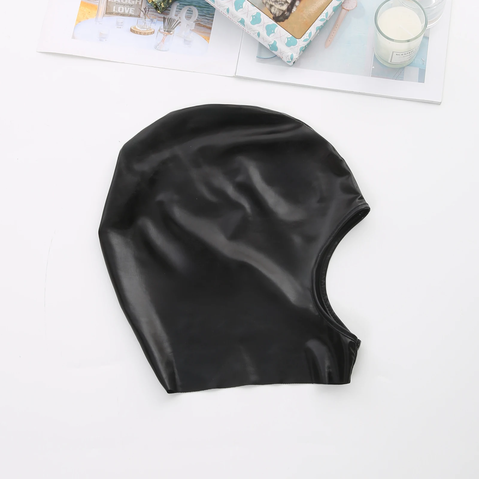 Faux Leather Head Cover Hood Face Mask Men Sexy Cap Gothic Blindfold Open Mouth Wet-look Cosplay Role Play Halloween Club Wear