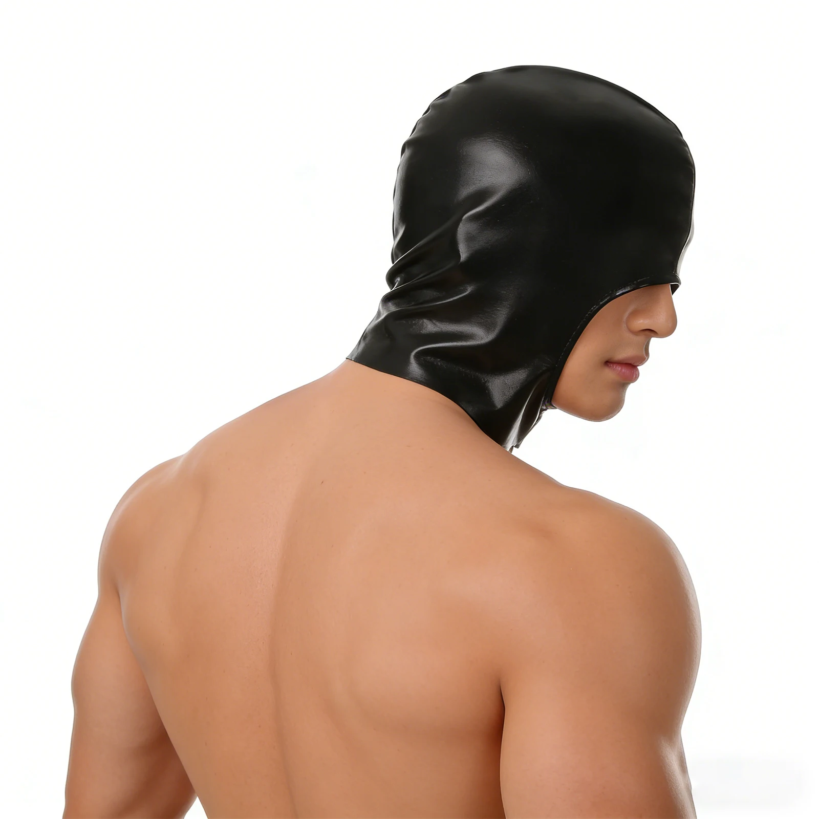 Faux Leather Head Cover Hood Face Mask Men Sexy Cap Gothic Blindfold Open Mouth Wet-look Cosplay Role Play Halloween Club Wear