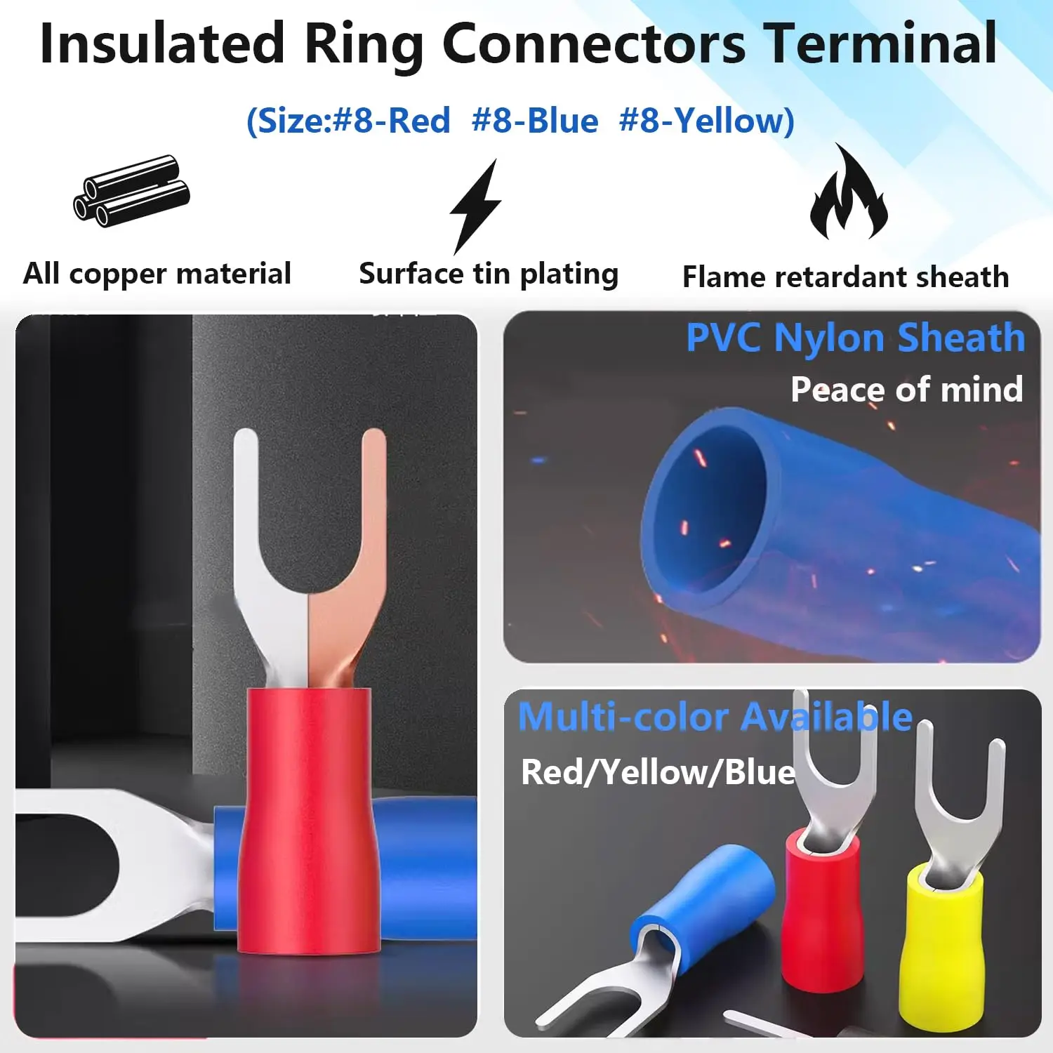 100Pcs U-Type Fork Spade Wire Connectors Insulated Crimp Terminals #8 22-10 AWG for Automotive Marine Industrial Wiring Repair