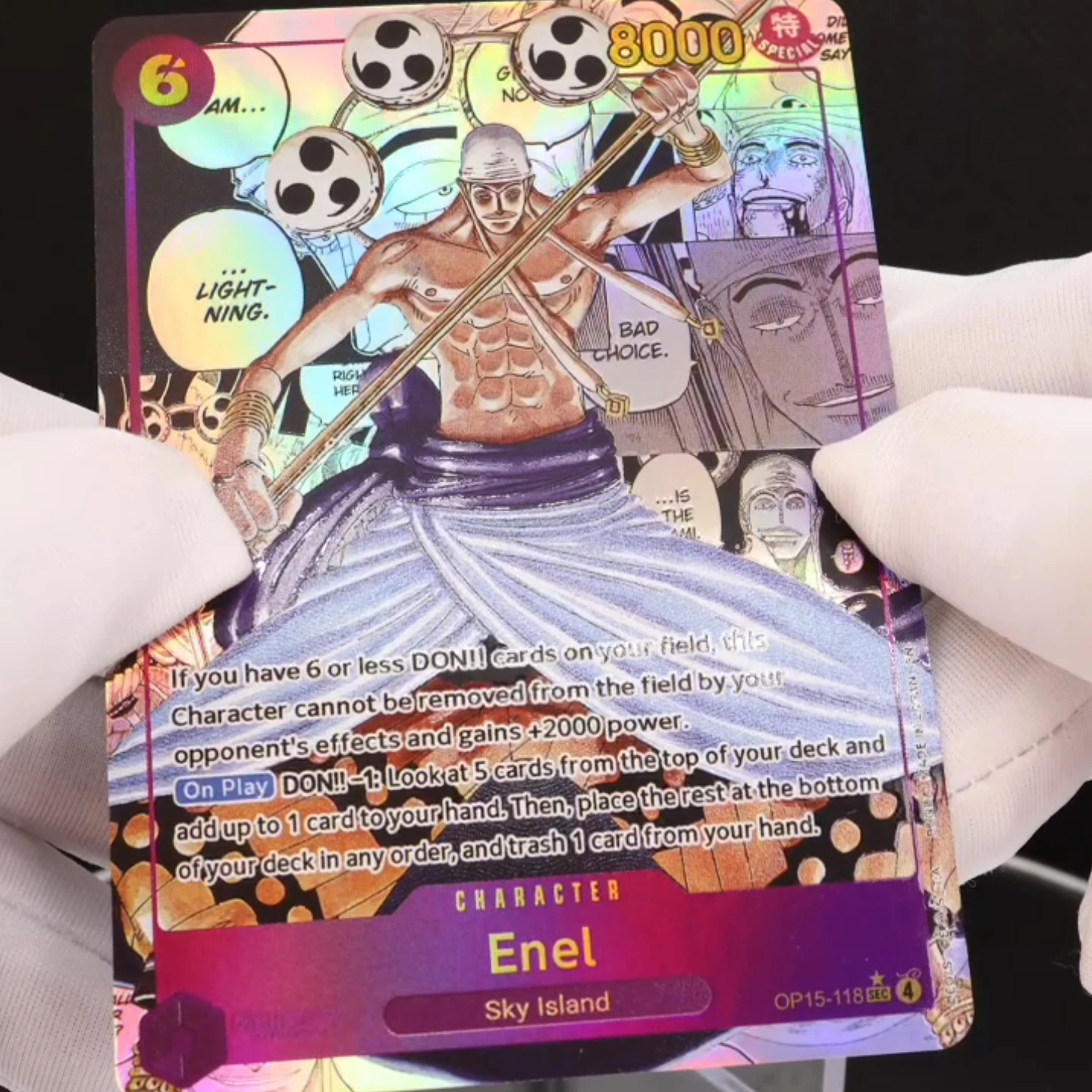 One Piece TCG OPCG English OP15-118 Enel Manga OP15 Deck 6 Cost Purple Enel Textured Foil Embossed Card Anime Collectible Cards