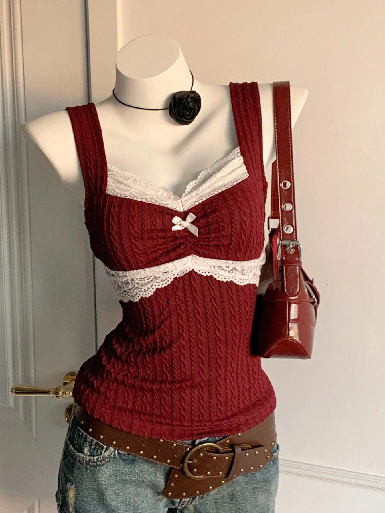 Y2K Summer Fashion New Lace Splicing Bow Decoration Pure Desire Women's Tank Top