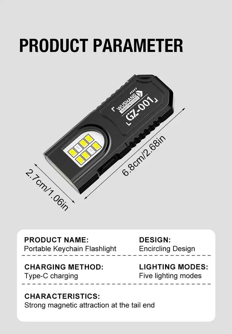 Powerful Mini COB LED Keychain Flashlight USB C Rechargeable Hanging Work Light Waterproof Keyring Camping Walking Pocket Lamp