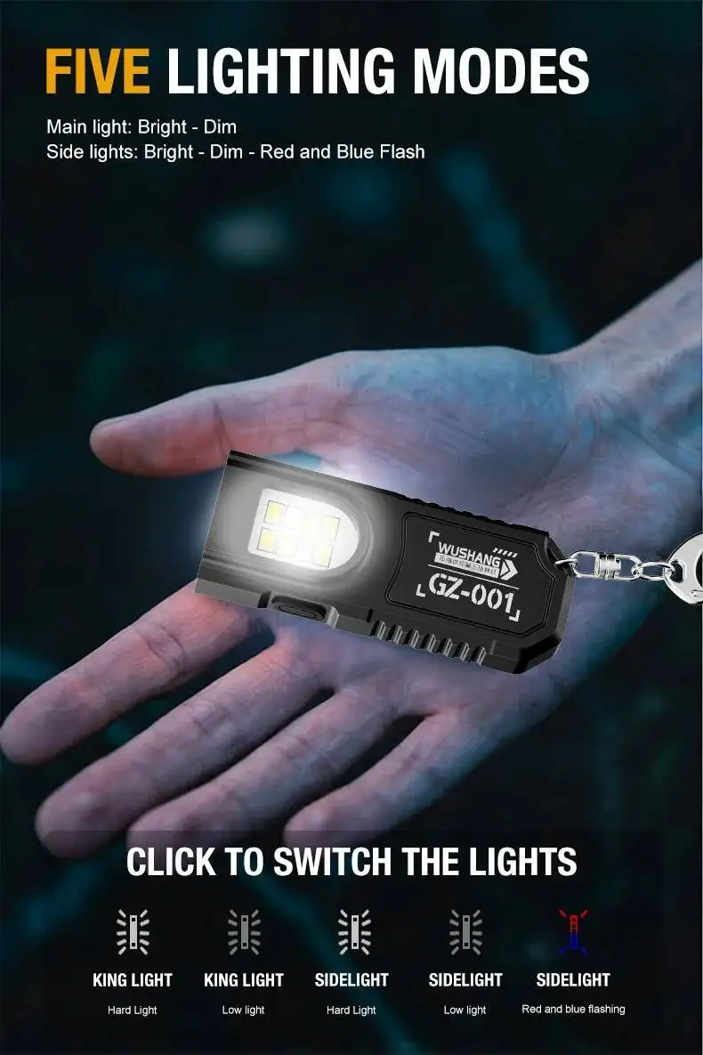 Powerful Mini COB LED Keychain Flashlight USB C Rechargeable Hanging Work Light Waterproof Keyring Camping Walking Pocket Lamp