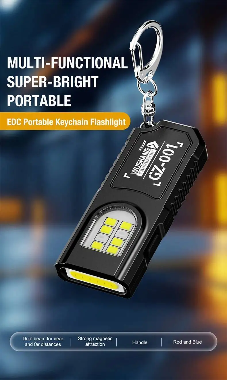 Powerful Mini COB LED Keychain Flashlight USB C Rechargeable Hanging Work Light Waterproof Keyring Camping Walking Pocket Lamp