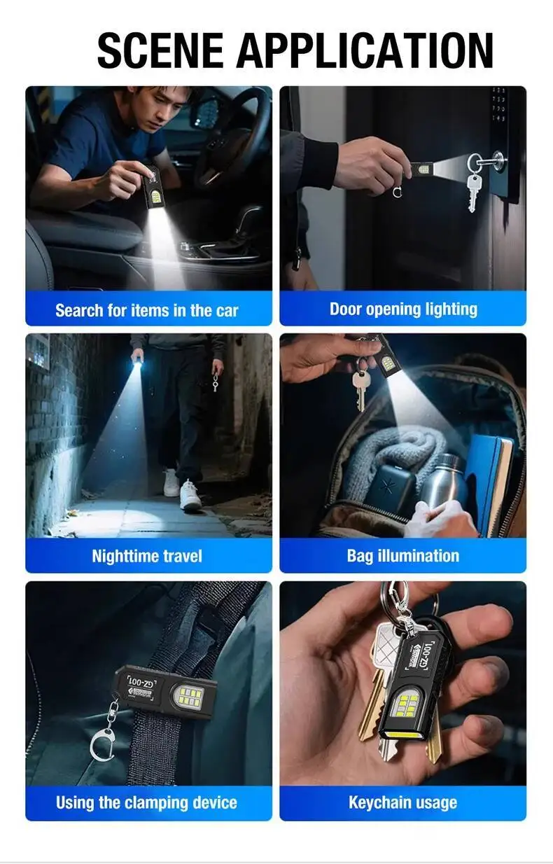 Powerful Mini COB LED Keychain Flashlight USB C Rechargeable Hanging Work Light Waterproof Keyring Camping Walking Pocket Lamp