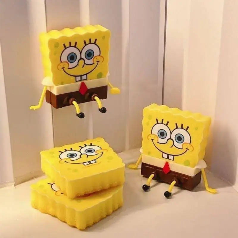 Cartoon SpongeBobs SquarePants Dish Washing Brush Cute Kitchen Home Supplies Drain Rack Wall Hooks Reusable Scrub Scouring Pad