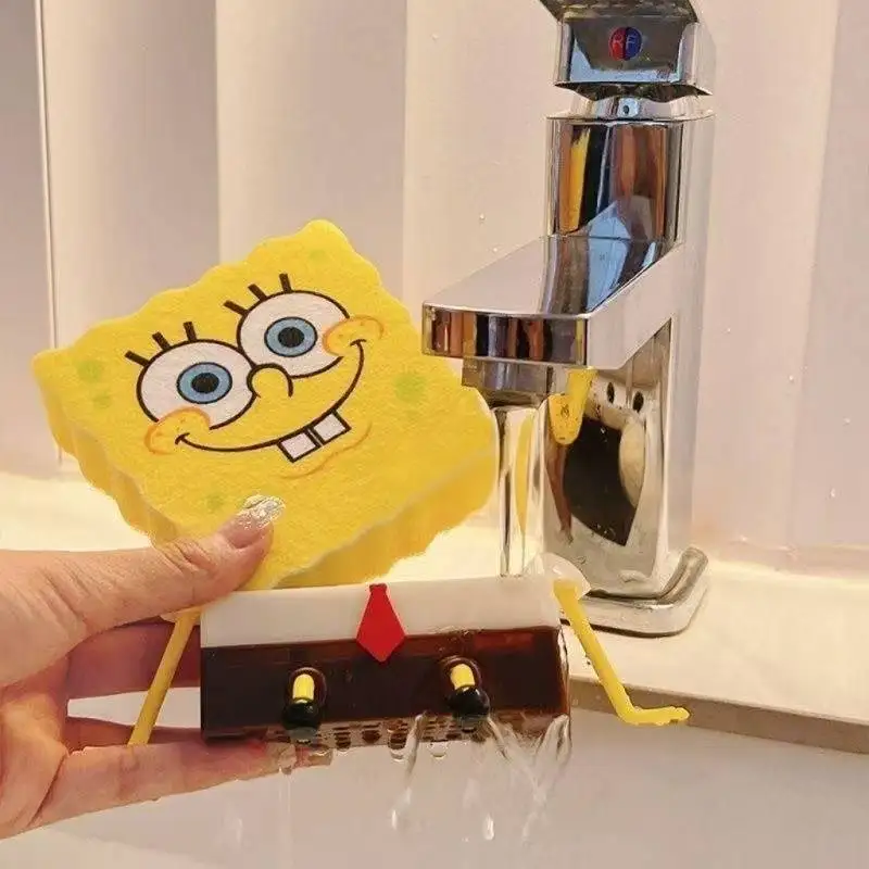 Cartoon SpongeBobs SquarePants Dish Washing Brush Cute Kitchen Home Supplies Drain Rack Wall Hooks Reusable Scrub Scouring Pad
