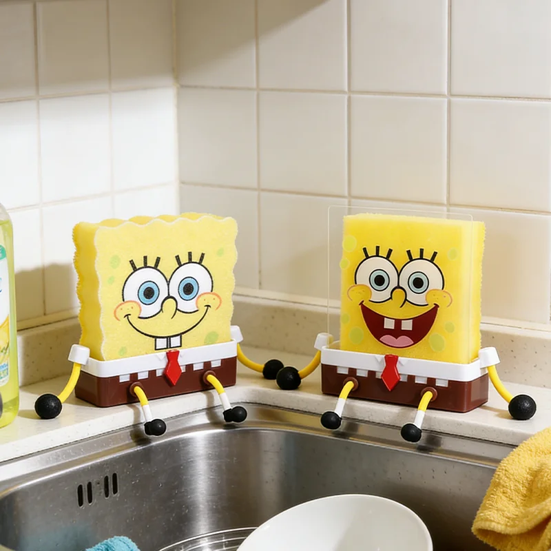 Cartoon SpongeBobs SquarePants Dish Washing Brush Cute Kitchen Home Supplies Drain Rack Wall Hooks Reusable Scrub Scouring Pad