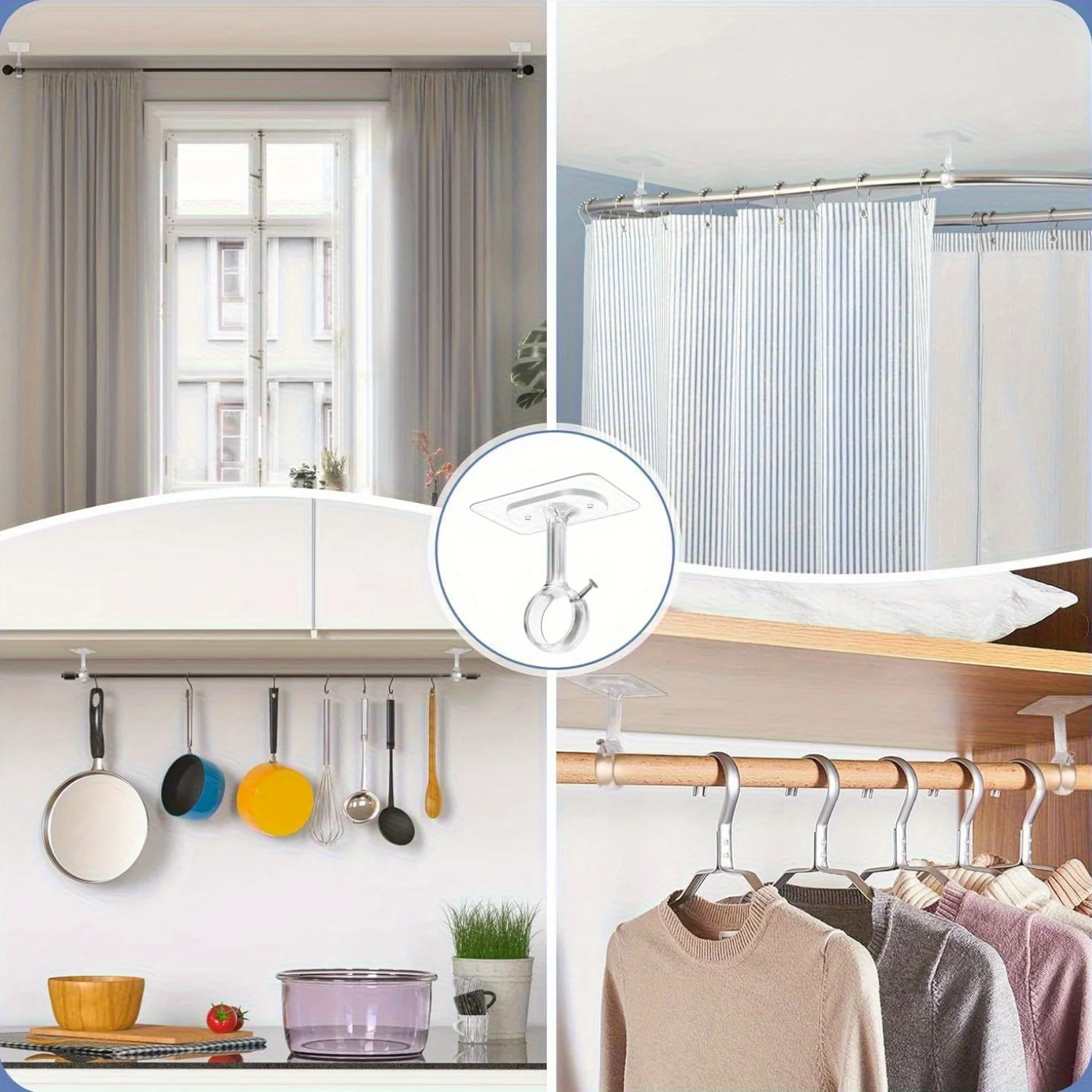 2/4/6/8Pcs Self Adhesive Curtain Rod Bracket No Drill Heavy Duty Ceiling Mount Hook Holder For Bedroom Wardrobe Window