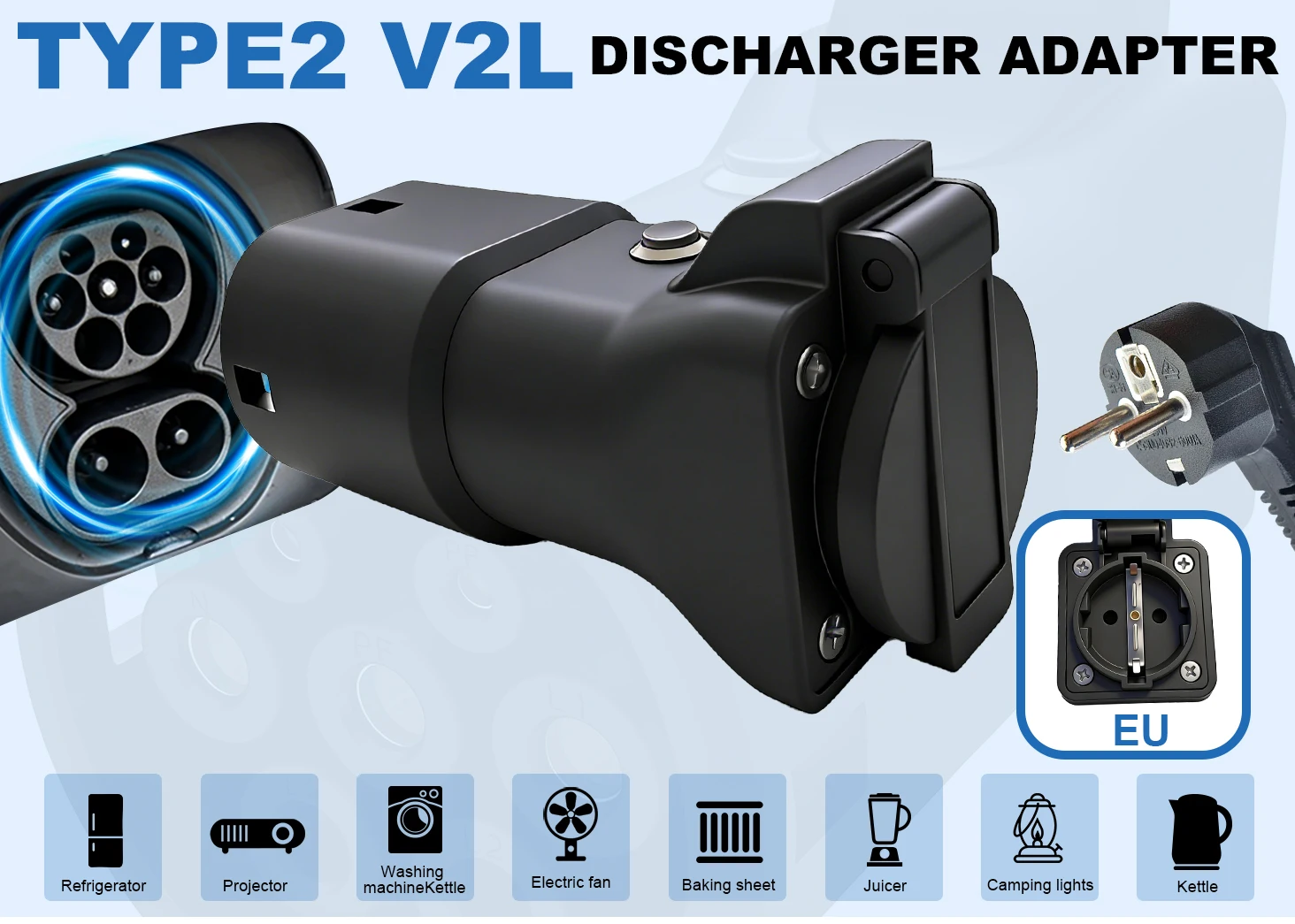Type2 V2L Discharger 16A EU Socket Power off Button for BYD MG Geely Jaecoo Omoda LEAPMOTOR GWM ZEEKR XPENG EV Discharge Adaptor
