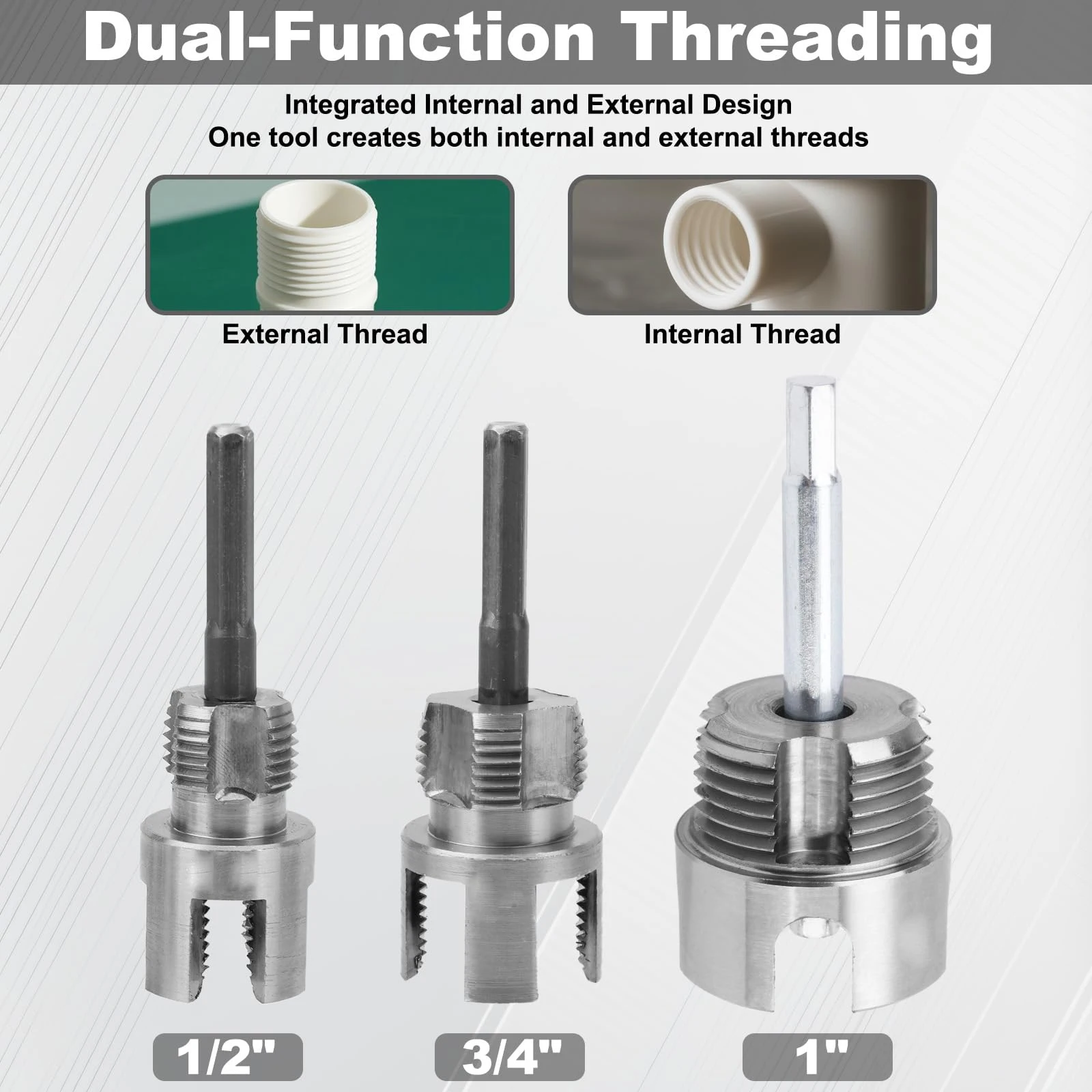 3 Pcs Internal & External Pipe Threading Tool, Function Pipe Thread Cutting Tool for 1/2" & 3/4"& 1" PVC/Plastic Pipes