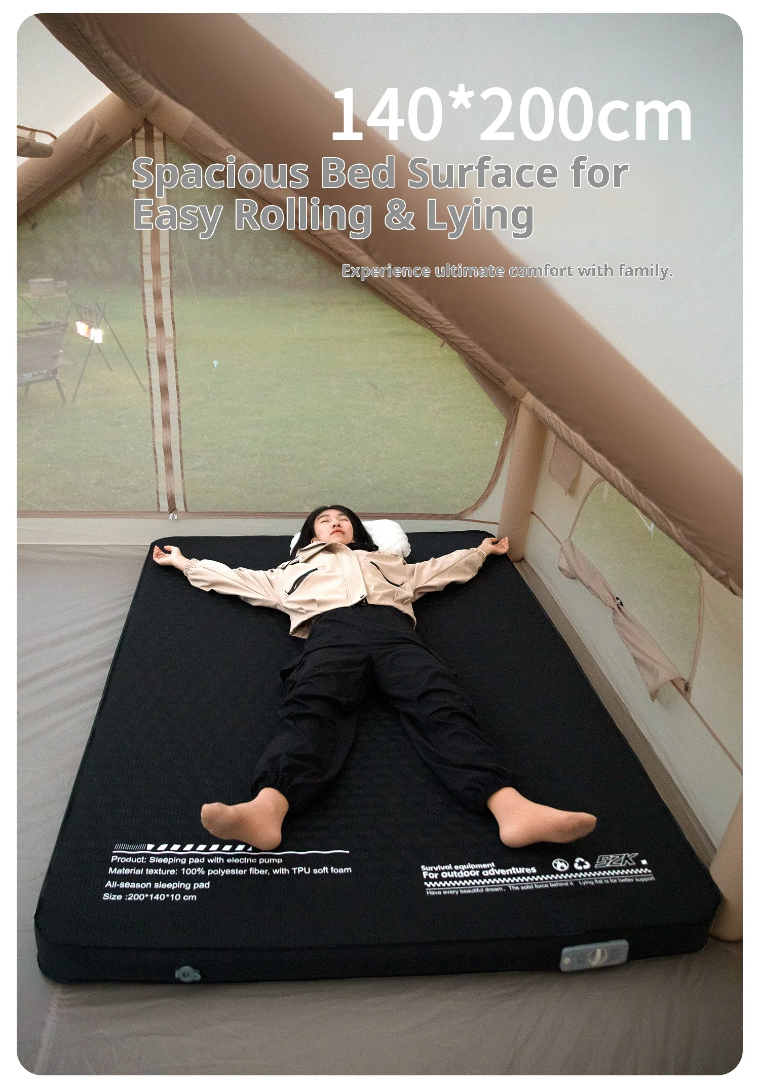 Thickened sponge pad, portable outdoor mattress, with integrated air pump for inflation and deflation, self-inflating mattress