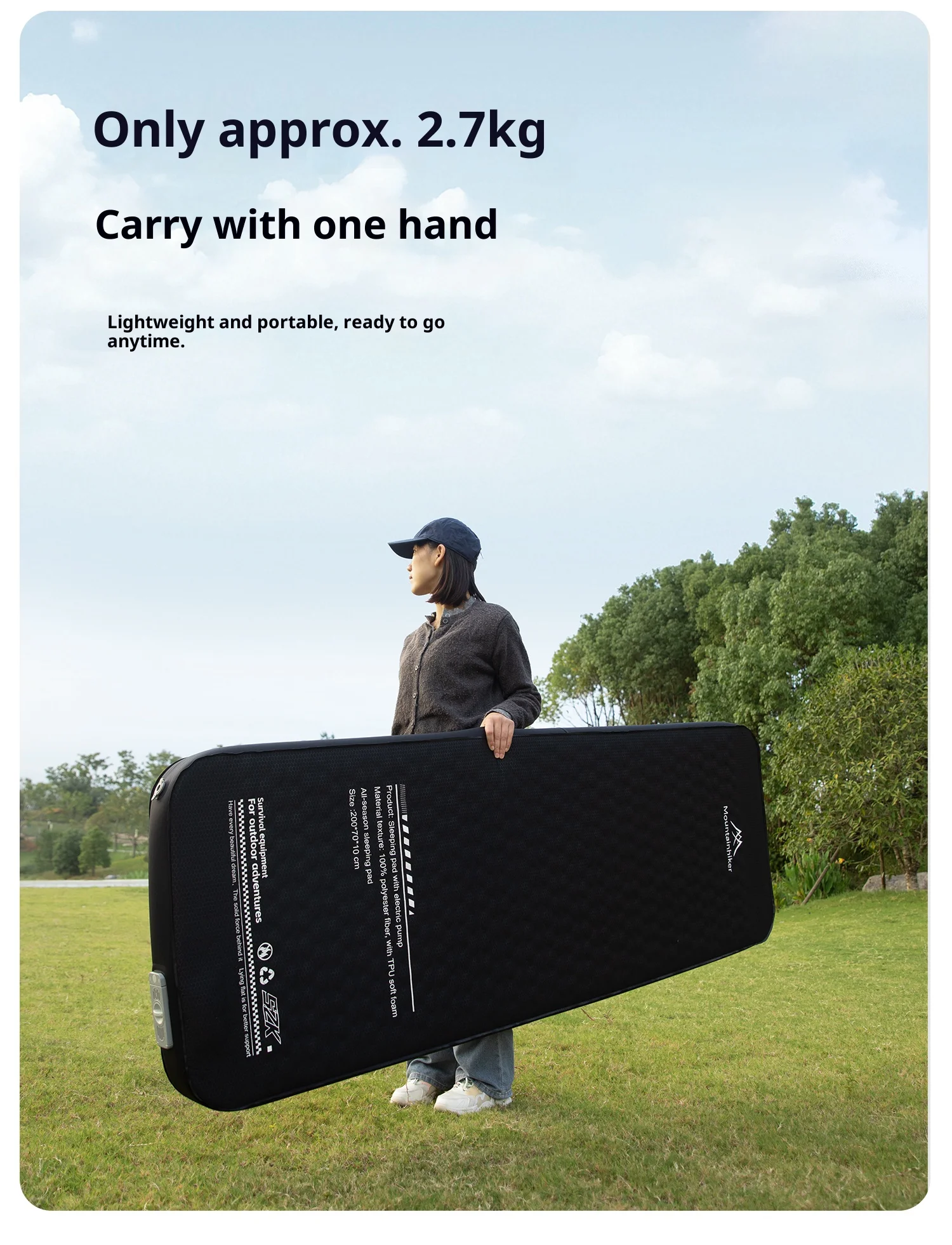 Thickened sponge pad, portable outdoor mattress, with integrated air pump for inflation and deflation, self-inflating mattress