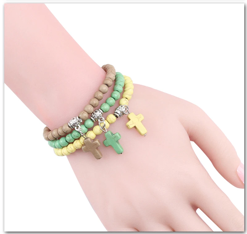 Vintage Cross Natural Stone 6mm Beads Bracelet Charm Men Blue Bead Pendant Strand Bracelets Bangles Women Fashion Jewelry Gifts