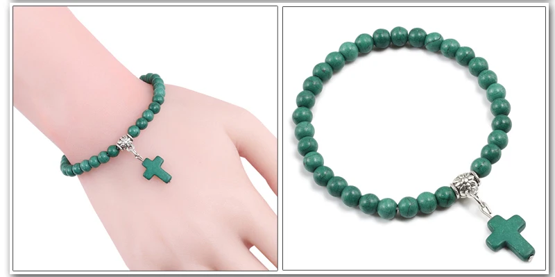 Vintage Cross Natural Stone 6mm Beads Bracelet Charm Men Blue Bead Pendant Strand Bracelets Bangles Women Fashion Jewelry Gifts