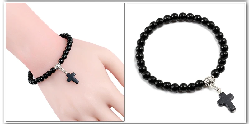 Vintage Cross Natural Stone 6mm Beads Bracelet Charm Men Blue Bead Pendant Strand Bracelets Bangles Women Fashion Jewelry Gifts