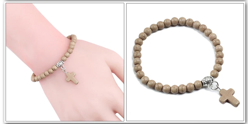 Vintage Cross Natural Stone 6mm Beads Bracelet Charm Men Blue Bead Pendant Strand Bracelets Bangles Women Fashion Jewelry Gifts