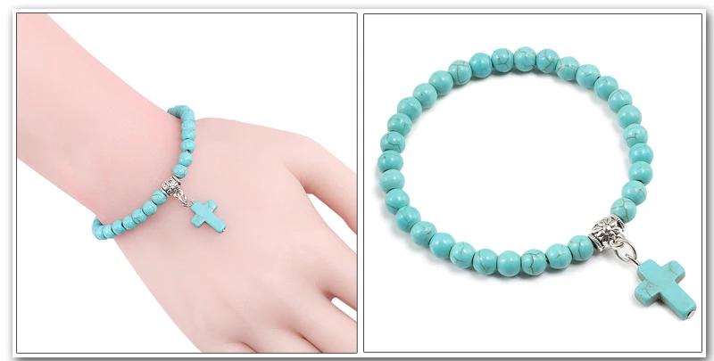 Vintage Cross Natural Stone 6mm Beads Bracelet Charm Men Blue Bead Pendant Strand Bracelets Bangles Women Fashion Jewelry Gifts