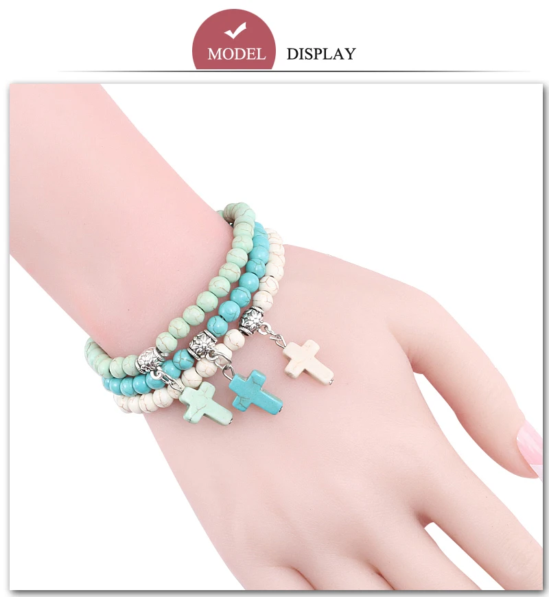 Vintage Cross Natural Stone 6mm Beads Bracelet Charm Men Blue Bead Pendant Strand Bracelets Bangles Women Fashion Jewelry Gifts