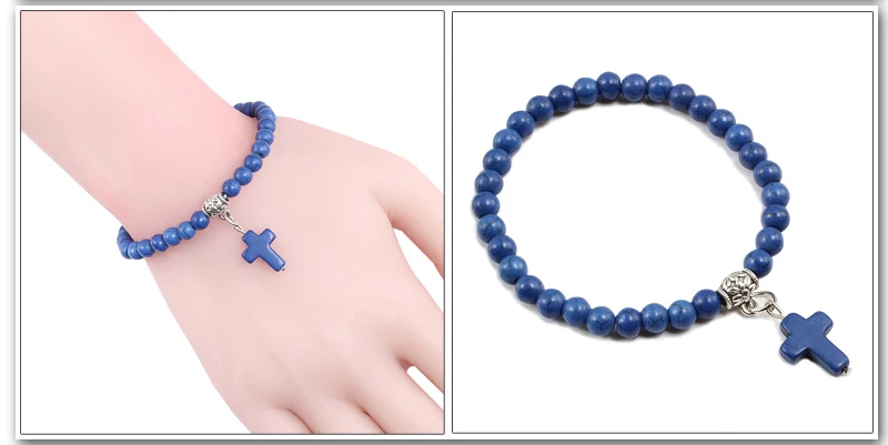 Vintage Cross Natural Stone 6mm Beads Bracelet Charm Men Blue Bead Pendant Strand Bracelets Bangles Women Fashion Jewelry Gifts
