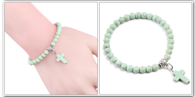 Vintage Cross Natural Stone 6mm Beads Bracelet Charm Men Blue Bead Pendant Strand Bracelets Bangles Women Fashion Jewelry Gifts