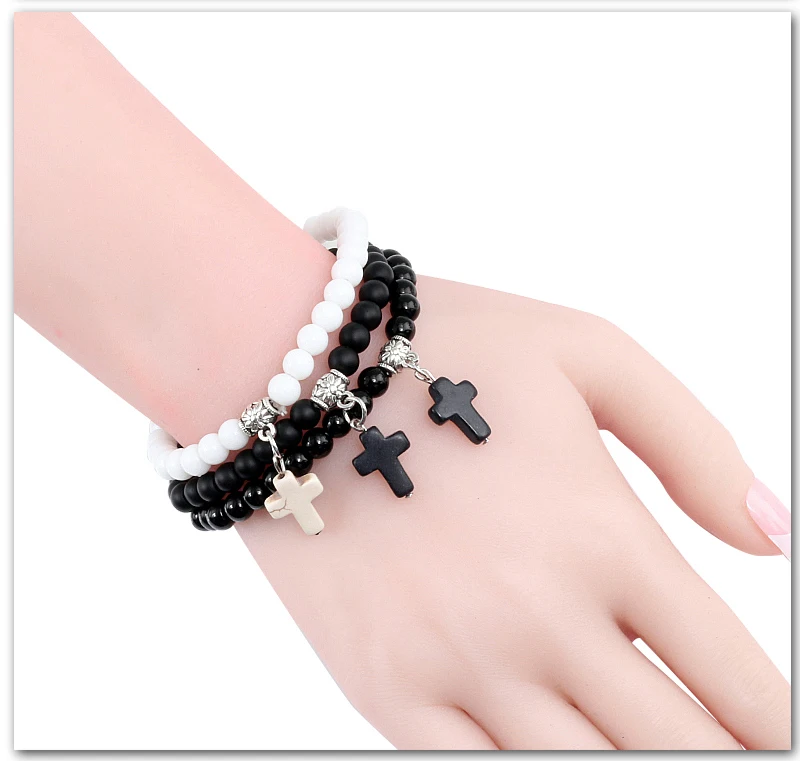 Vintage Cross Natural Stone 6mm Beads Bracelet Charm Men Blue Bead Pendant Strand Bracelets Bangles Women Fashion Jewelry Gifts
