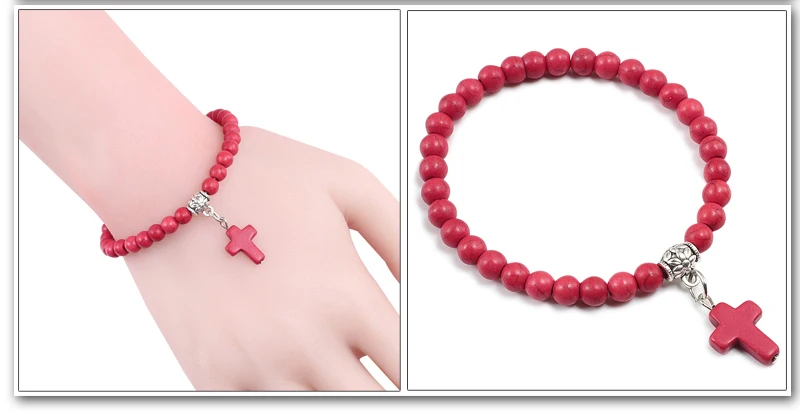 Vintage Cross Natural Stone 6mm Beads Bracelet Charm Men Blue Bead Pendant Strand Bracelets Bangles Women Fashion Jewelry Gifts