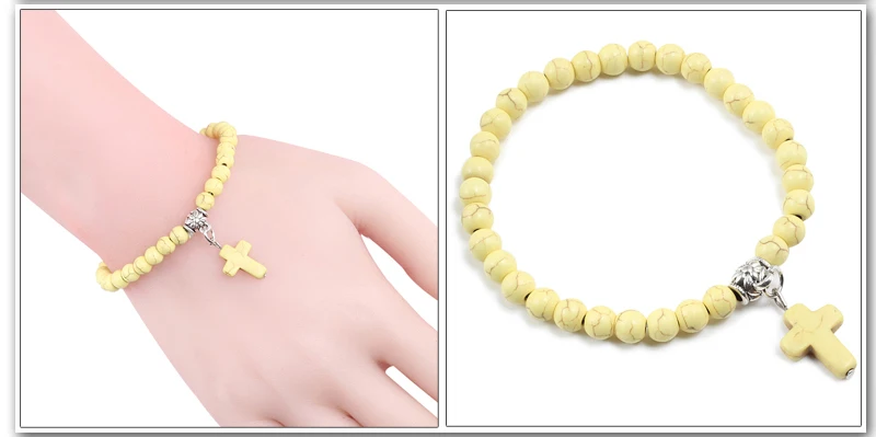 Vintage Cross Natural Stone 6mm Beads Bracelet Charm Men Blue Bead Pendant Strand Bracelets Bangles Women Fashion Jewelry Gifts
