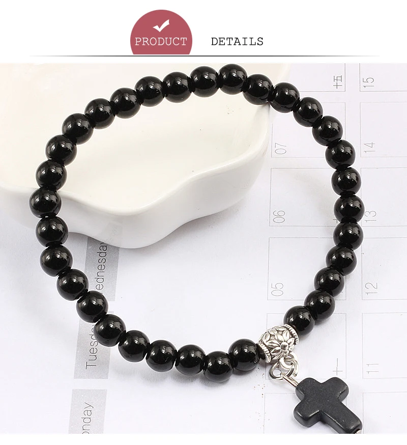 Vintage Cross Natural Stone 6mm Beads Bracelet Charm Men Blue Bead Pendant Strand Bracelets Bangles Women Fashion Jewelry Gifts