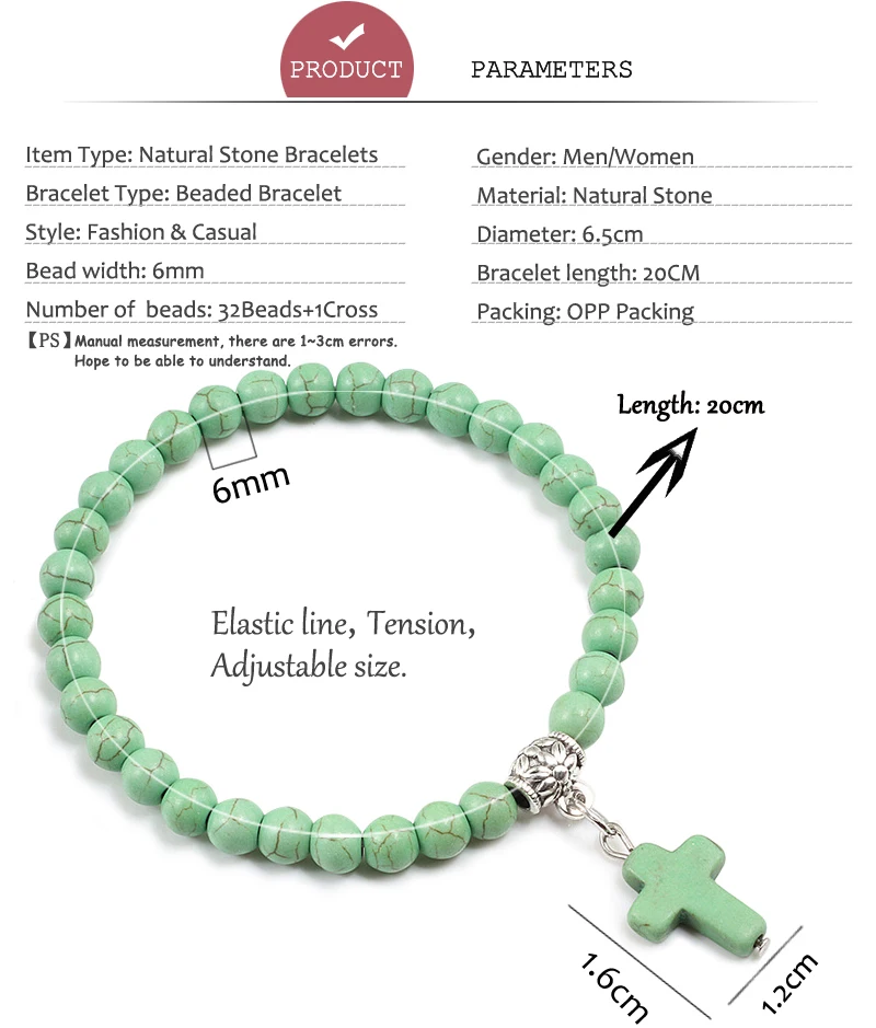 Vintage Cross Natural Stone 6mm Beads Bracelet Charm Men Blue Bead Pendant Strand Bracelets Bangles Women Fashion Jewelry Gifts