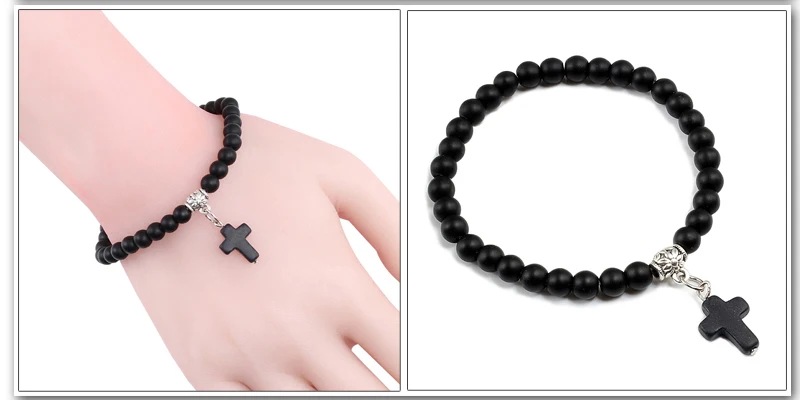 Vintage Cross Natural Stone 6mm Beads Bracelet Charm Men Blue Bead Pendant Strand Bracelets Bangles Women Fashion Jewelry Gifts