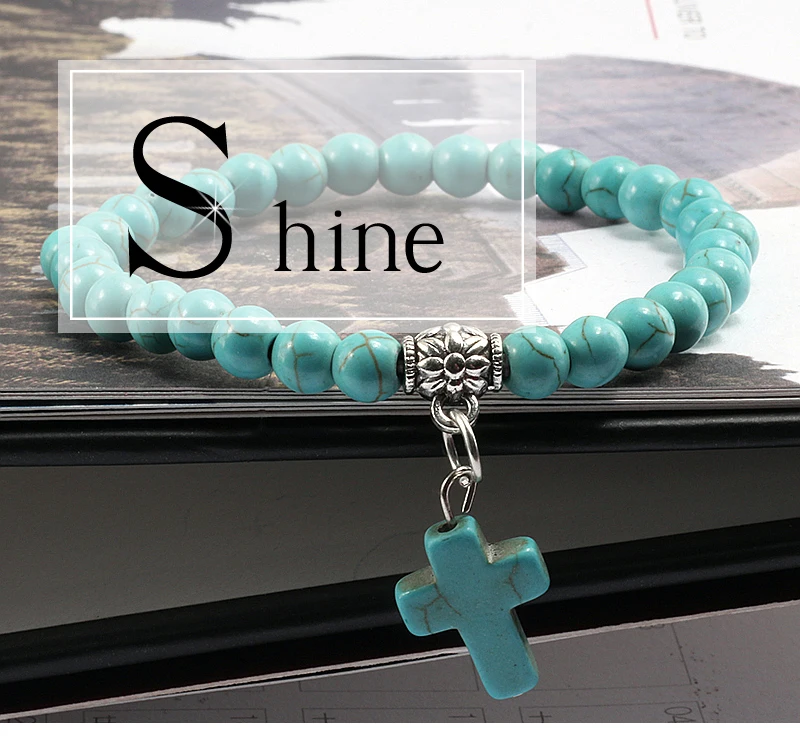 Vintage Cross Natural Stone 6mm Beads Bracelet Charm Men Blue Bead Pendant Strand Bracelets Bangles Women Fashion Jewelry Gifts