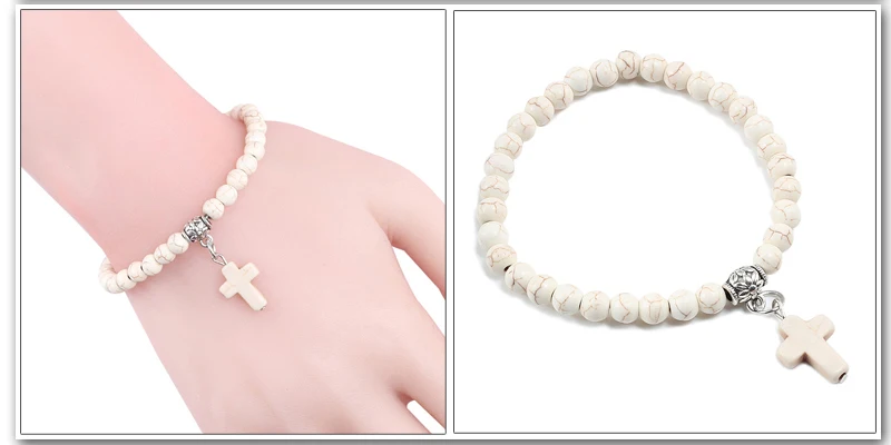 Vintage Cross Natural Stone 6mm Beads Bracelet Charm Men Blue Bead Pendant Strand Bracelets Bangles Women Fashion Jewelry Gifts