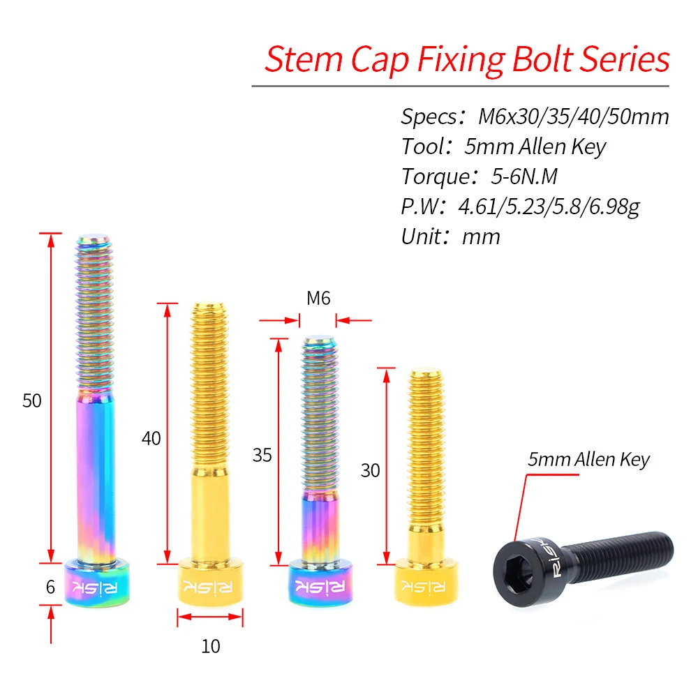 RISK 1PCS M6x30 M6x35 M6x40 M6x50mm Bicycle Headset Bolts Titanium Stem Cap Screws for Mountain MTB Road Bike M6*30/35/40/50mm