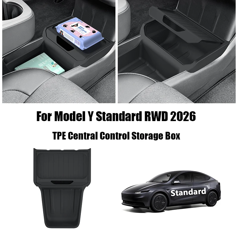 Central Control Storage Box For Tesla Model Y Standard RWD 2026 TPE Center Armrest Storage Box Organizer Trays Car Accessories