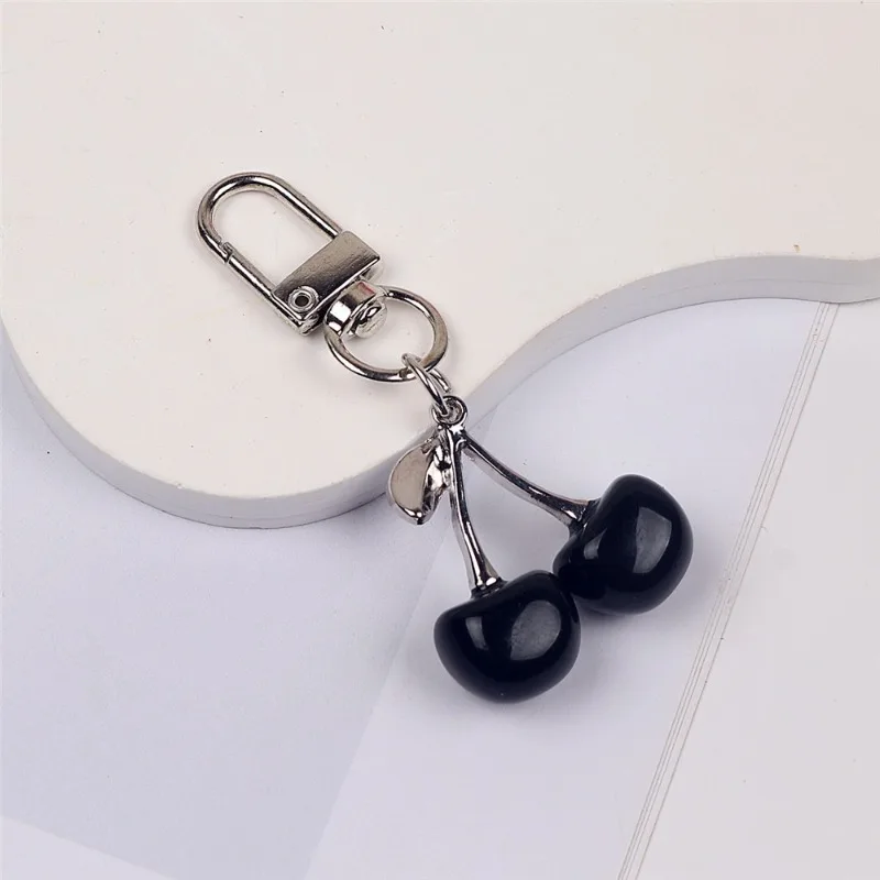Creative Cherry Keychain for Women Resin Fruit Bag Pendant Pearl Bow Silver Heart Key Ring Backpack Car Ornament Girls Gift