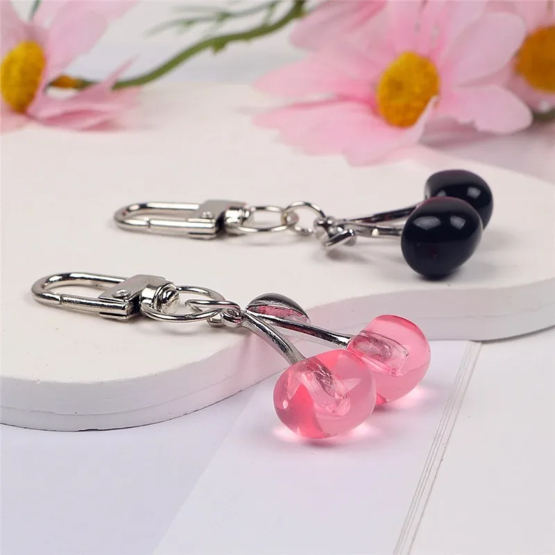 Creative Cherry Keychain for Women Resin Fruit Bag Pendant Pearl Bow Silver Heart Key Ring Backpack Car Ornament Girls Gift