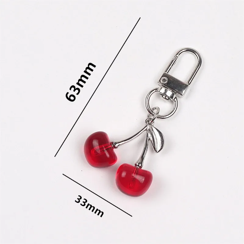 Creative Cherry Keychain for Women Resin Fruit Bag Pendant Pearl Bow Silver Heart Key Ring Backpack Car Ornament Girls Gift