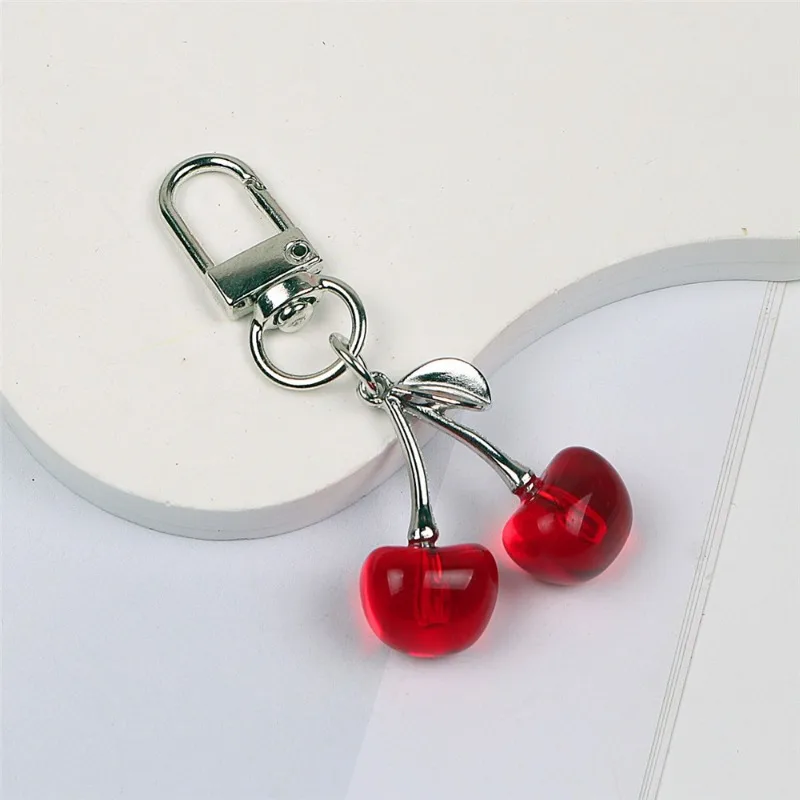 Creative Cherry Keychain for Women Resin Fruit Bag Pendant Pearl Bow Silver Heart Key Ring Backpack Car Ornament Girls Gift