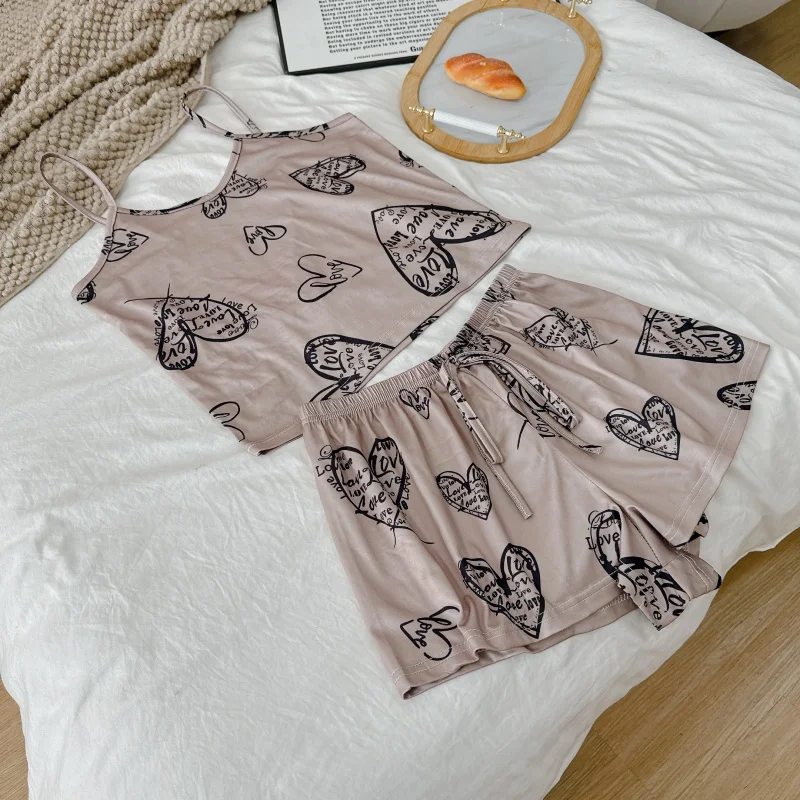 Women Sexy Pajama Ladies Satin Pajama Print Round Neck Ice Silk Top T-Shirt and Shorts Sets Breathable Comfortable Home Wear New